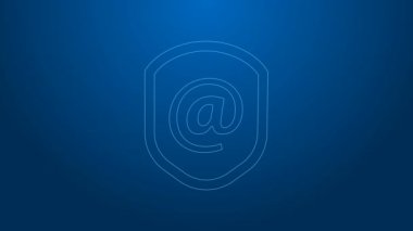 Mavi arka planda posta ve e-posta simgesi olan beyaz çizgi kalkanı. Gardiyan. Güvenlik, güvenlik, koruma, gizlilik kavramı. 4K Video hareketli grafik canlandırması