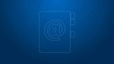 Mavi arkaplanda beyaz çizgi adres defteri simgesi izole edildi. Not defteri, adres, bağlantı, rehber, telefon, telefon rehberi simgesi. 4K Video hareketli grafik canlandırması