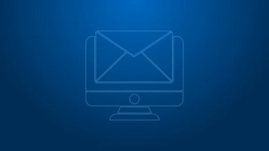 Beyaz hat monitörü ve zarf, yeni mesaj, mavi arkaplanda izole edilmiş posta simgesi. E-posta bültenleri, başlıklar, blog yazıları için kullanım. 4K Video hareketli grafik canlandırması