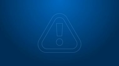 Mavi arkaplanda beyaz çizgi ünlem işareti var. Tehlike uyarısı, dikkat, dikkat, tehlike uyarısı önemli. 4K Video hareketli grafik canlandırması