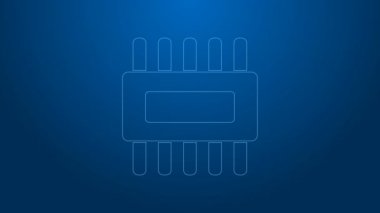 Mavi zemin üzerinde mikro devre işlemci simgesi olan beyaz çizgi Bilgisayar işlemcisi izole edildi. Devre kartlı çip ya da işlemci. Mikro işlemci. 4K Video hareketli grafik canlandırması