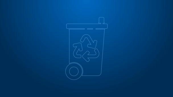 Biała linia Kosz na śmieci z ikoną symbolu recyklingu na niebieskim tle. Ikona kosza na śmieci. Znak śmietnika. Znak kosza na śmieci. 4K Animacja graficzna ruchu wideo — Wideo stockowe