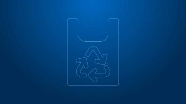 Línea blanca Bolsa de plástico con icono de reciclaje aislado sobre fondo azul. Bolsa con símbolo de reciclaje. Animación gráfica de vídeo 4K — Vídeo de stock