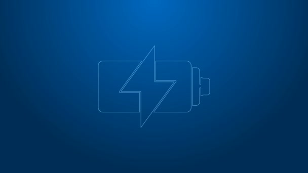 White line Battery icon isolated on blue background. Lightning bolt symbol. 4K Video motion graphic animation — Stock Video