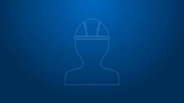 Línea blanca Icono del casco de seguridad del trabajador aislado sobre fondo azul. Animación gráfica de vídeo 4K — Vídeos de Stock