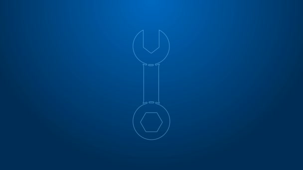 White line Wrench spanner icon isolated on blue background. 4K Video motion graphic animation — Stock Video