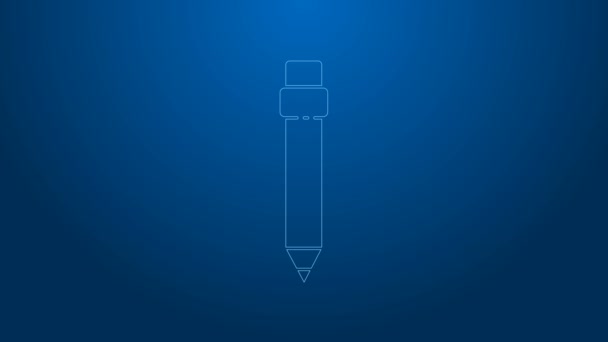 Línea blanca Lápiz con icono de borrador aislado sobre fondo azul. Dibujo y herramientas educativas. Símbolo escolar. Animación gráfica de vídeo 4K — Vídeos de Stock