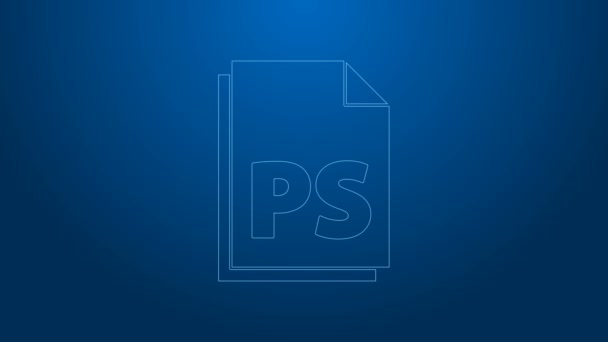 Linea bianca icona del documento PS File isolato su sfondo blu. Animazione grafica 4K Video motion — Video Stock