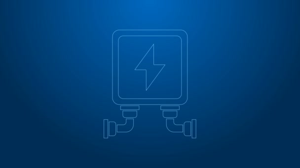 White line Electric transformer icon isolated on blue background. 4K Video motion graphic animation — Stock Video