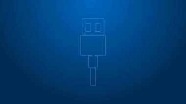 Beyaz çizgi USB kablo ikonu mavi arkaplanda izole edildi. PC ve mobil cihazlar için bağlantı ve soketler. 4K Video hareketli grafik canlandırması