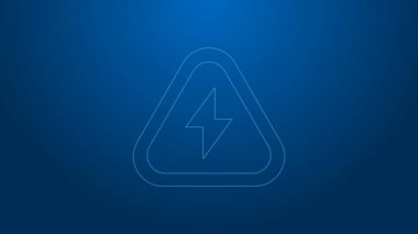 Beyaz çizgi yüksek voltaj ikonu mavi arkaplanda izole edildi. Tehlike sembolü. Üçgendeki ok. Uyarı simgesi. 4K Video hareketli grafik canlandırması