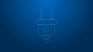 Beyaz çizgi elektrik prizi simgesi mavi arkaplanda izole edildi. Bağlantı kavramı ve elektriğin kesilmesi. 4K Video hareketli grafik canlandırması