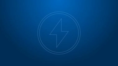 Mavi arka planda beyaz çizgi Şimşek simgesi izole edildi. Flaş işareti. Flaş ikonunu yükle. Gök gürültüsü. Yıldırım çarpması. 4K Video hareketli grafik canlandırması