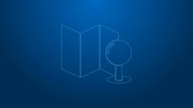 Mavi zemin üzerinde iğne simgesi izole edilmiş beyaz çizgi katlanmış harita. 4K Video hareketli grafik canlandırması