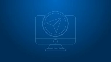 Beyaz çizgi bilgisayar monitörü ve katlanmış harita mavi arkaplanda izole edilmiş konum imleci simgesi. 4K Video hareketli grafik canlandırması