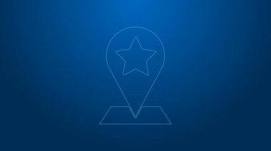 Mavi arkaplanda yıldız simgesi olan beyaz çizgi haritası işaretçisi. Yıldız favori iğne haritası simgesi. Harita işaretleyicileri. 4K Video hareketli grafik canlandırması