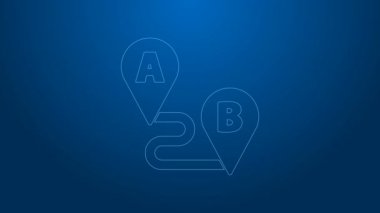 Beyaz çizgi rota simgesi mavi arkaplanda izole edildi. Harita işaretçisi işareti. Yol ya da yol kavramı. GPS navigatörü. 4K Video hareketli grafik canlandırması