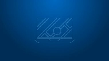 Şehir haritası yön bulma simgesinin beyaz çizgi bilgileri mavi arkaplanda izole edildi. Laptop Uygulama Arayüzü tasarımı. Yer belirleme konsepti. 4K Video hareketli grafik canlandırması