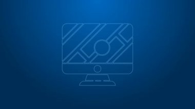 Beyaz çizgi bilgisayar monitörü ve katlanmış harita mavi arkaplanda izole edilmiş konum imleci simgesi. 4K Video hareketli grafik canlandırması