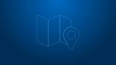 Mavi arkaplanda konum imleci simgesi izole edilmiş beyaz çizgi haritası. 4K Video hareketli grafik canlandırması