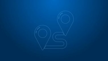Beyaz çizgi rota simgesi mavi arkaplanda izole edildi. Harita işaretçisi işareti. Yol ya da yol kavramı. GPS navigatörü. 4K Video hareketli grafik canlandırması
