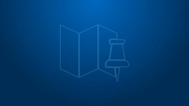 Mavi zemin üzerinde iğne simgesi izole edilmiş beyaz çizgi katlanmış harita. 4K Video hareketli grafik canlandırması