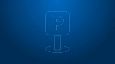 Mavi arkaplanda beyaz çizgi park simgesi izole edildi. Sokak tabelası. 4K Video hareketli grafik canlandırması