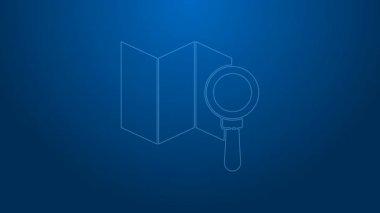 Mavi arkaplanda beyaz çizgi arama konumu simgesi izole edildi. İşaretli büyüteç. 4K Video hareketli grafik canlandırması