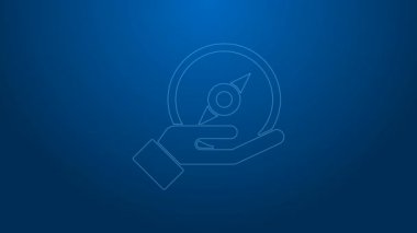 Beyaz çizgi pusula simgesi mavi arkaplanda izole edildi. Rüzgâr yön bulma sembolü. Rüzgar gül işareti. 4K Video hareketli grafik canlandırması