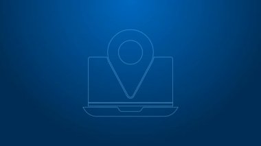 Mavi arkaplanda konum belirleyici simgesi olan beyaz çizgi dizüstü bilgisayar. 4K Video hareketli grafik canlandırması