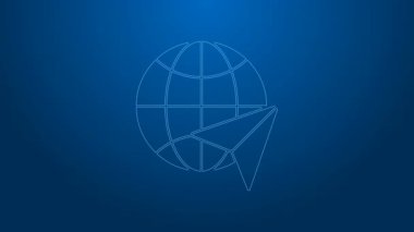 Uçan uçak ikonuna sahip beyaz çizgi Globe mavi arka planda izole edildi. Uçak Dünya 'nın etrafında uçuyor. Uçak dünyası ikonu. 4K Video hareketli grafik canlandırması
