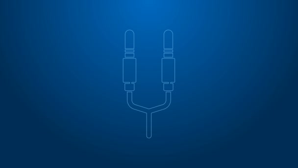 Línea blanca Icono de audio jack aislado sobre fondo azul. Cable de audio para conexión de equipos de sonido. Alambre enchufable. Instrumento musical. Animación gráfica de vídeo 4K — Vídeos de Stock