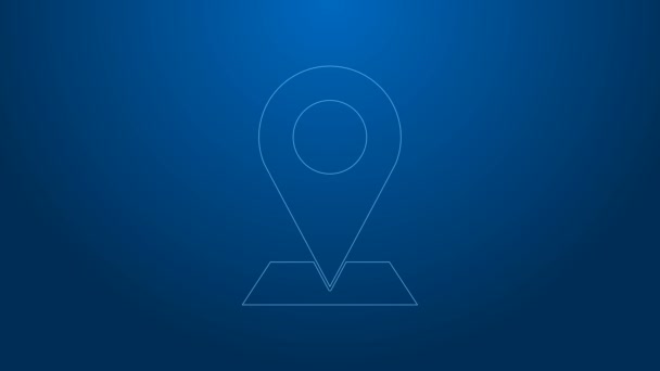 Ligne blanche Icône de carte isolée sur fond bleu. Navigation, pointeur, emplacement, carte, GPS, direction, lieu, boussole, concept de recherche. Animation graphique de mouvement vidéo 4K — Video
