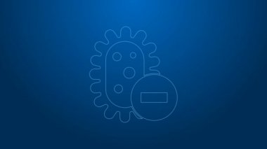 Beyaz çizgi negatif virüs ikonu mavi arkaplanda izole edildi. Corona virüsü 2019-nCoV. Bakteri ve mikroplar, hücre kanseri, mikrop, mantar. 4K Video hareketli grafik canlandırması