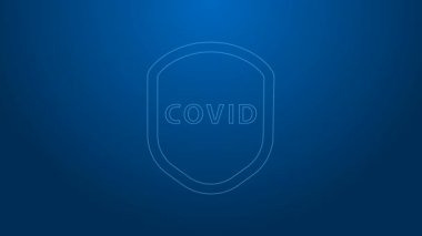 Beyaz çizgi kalkanları virüsten, mikroplardan ve bakteri ikonlarından koruyor mavi arka planda. Bağışıklık sistemi konsepti. Corona virüsü covid-19. 4K Video hareketli grafik canlandırması