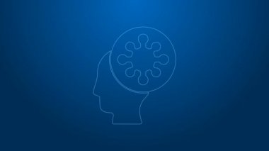 Beyaz çizgi insan ve virüs ikonu mavi arka planda izole edildi. Corona virüsü 2019-nCoV. Bakteri ve mikroplar, hücre kanseri, mikrop, mantar. 4K Video hareketli grafik canlandırması