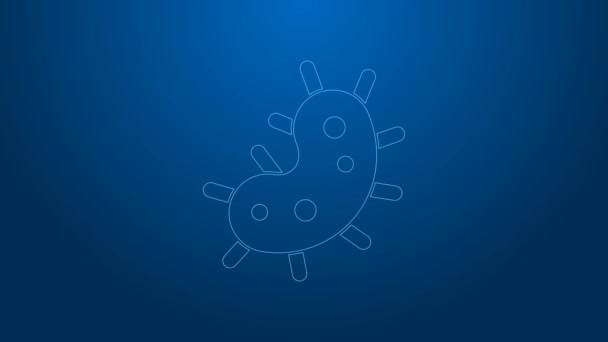 Linea bianca icona del virus isolato su sfondo blu. Virus Corona 2019-nCoV. Batteri e germi, cancro alle cellule, microbi, funghi. Animazione grafica 4K Video motion — Video Stock