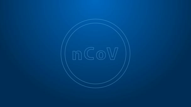 Weiße Linie Coronavirus 2019-nCoV Symbol isoliert auf blauem Hintergrund. Bakterien und Keime, Zellkrebs, Mikroben, Pilze. 4K Video Motion Grafik Animation — Stockvideo