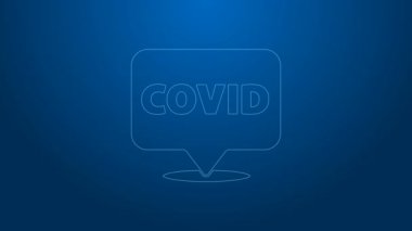 Beyaz çizgi Corona virüsü covid-19 mavi arka planda izole edilmiş konum ikonunda. Bakteri ve mikroplar, hücre kanseri, mikrop, mantar. 4K Video hareketli grafik canlandırması