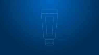 Mavi arka planda beyaz çizgi kremi ya da losyon kozmetik tüp ikonu izole edilmiş. Erkekler için vücut bakım ürünleri. 4K Video hareketli grafik canlandırması