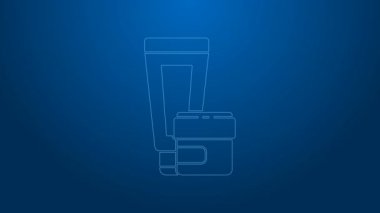 Mavi arka planda beyaz çizgi kremi ya da losyon kozmetik tüp ikonu izole edilmiş. Erkekler için vücut bakım ürünleri. 4K Video hareketli grafik canlandırması