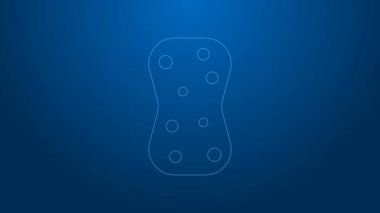 Mavi arkaplanda baloncuk simgesi olan beyaz çizgi süngeri. Bulaşık yıkamak için bir tutam Bast. Temizlik servisi logosu. 4K Video hareketli grafik canlandırması