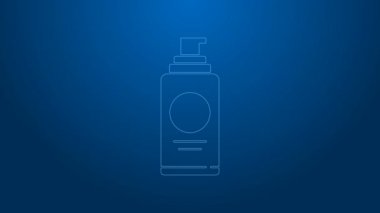 Saç spreyi için beyaz çizgi spreyi, deodorant, terleme önleyici ikon mavi arka planda izole edilmiş. 4K Video hareketli grafik canlandırması