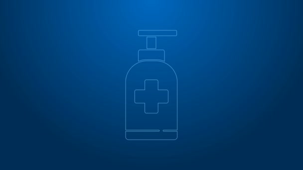 Vit linje Flaska med flytande antibakteriell tvål med dispenser ikon isolerad på blå bakgrund. Antiseptisk. Desinfektion, hygien, hudvård. 4K Video motion grafisk animation — Stockvideo