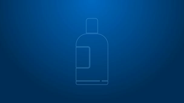 Bílá čára Láhev šamponu ikona izolované na modrém pozadí. Grafická animace pohybu videa 4K — Stock video