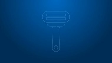 Tıraş makinesi simgesi mavi arkaplanda izole edilmiş beyaz çizgi. 4K Video hareketli grafik canlandırması