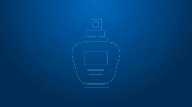 Mavi arka planda beyaz çizgi parfüm ikonu izole edildi. 4K Video hareketli grafik canlandırması