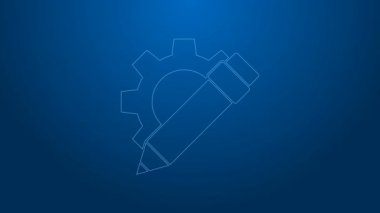 Mavi arka planda beyaz çizgi kalem ve vites simgesi izole edildi. Yaratıcı gelişme. Blog yazma ya da metin yazma kavramı. 4K Video hareketli grafik canlandırması