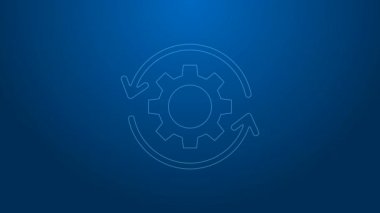 İş akışı konsepti simgesi olarak beyaz çizgi dişlisi ve oklar mavi arkaplanda izole edildi. Vites doldurma tabelası. 4K Video hareketli grafik canlandırması