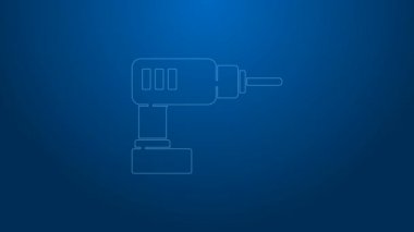 Beyaz çizgi elektrikli matkap ikonu mavi arka planda izole edildi. Tamir aleti. 4K Video hareketli grafik canlandırması